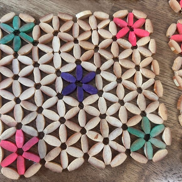 Vintage Bamboo Woven Trivets Beaded Flower Potholders Set – Mid-Century Boho Kit - Picture 4 of 6